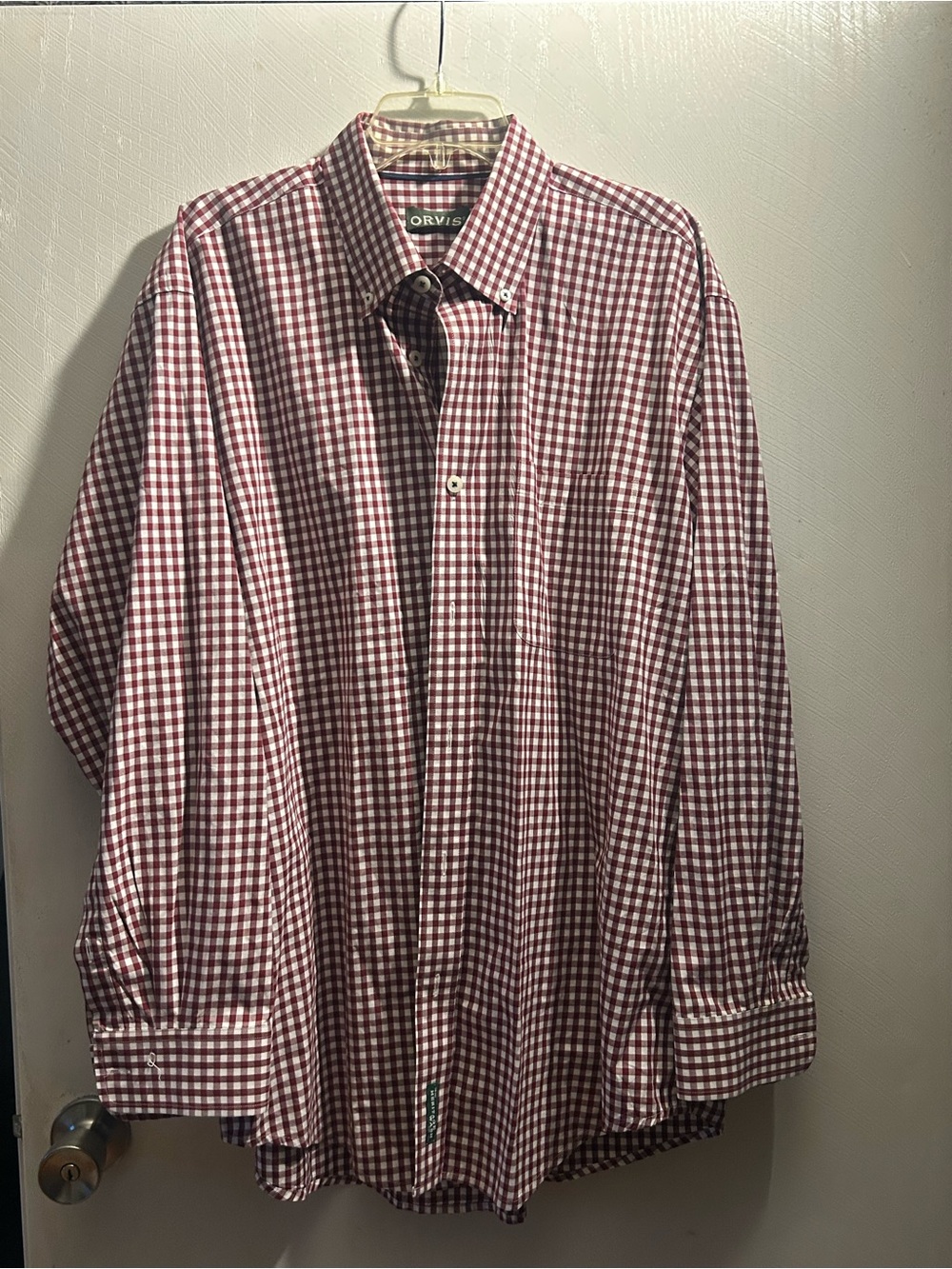 Orvis Men's Burgundy and White Gingham Button-Down Shirt